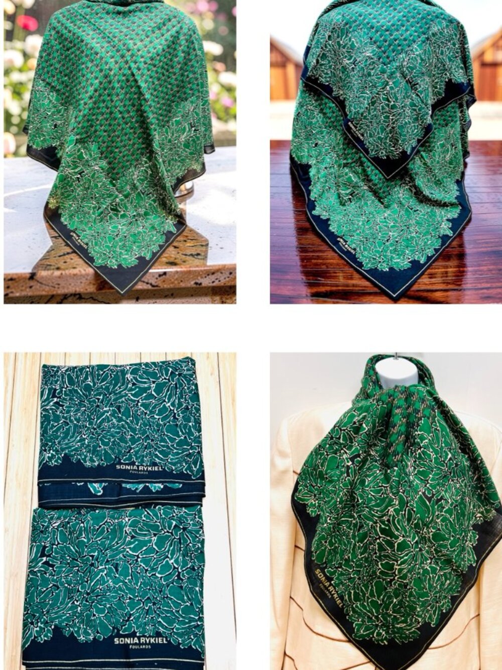 A Pair SONIA RYKIEL Foulards Scarf Shawl 42"  Black White Green Gold Floral  (25 - Picture 9 of 16